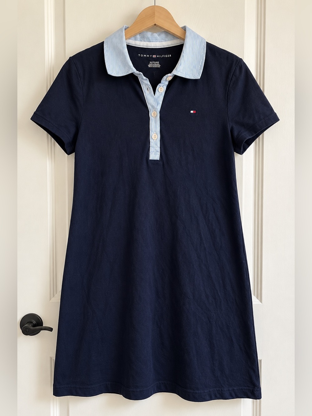 Tommy Hilfiger Navy Dress with Light Blue Stripe Collar - Kids